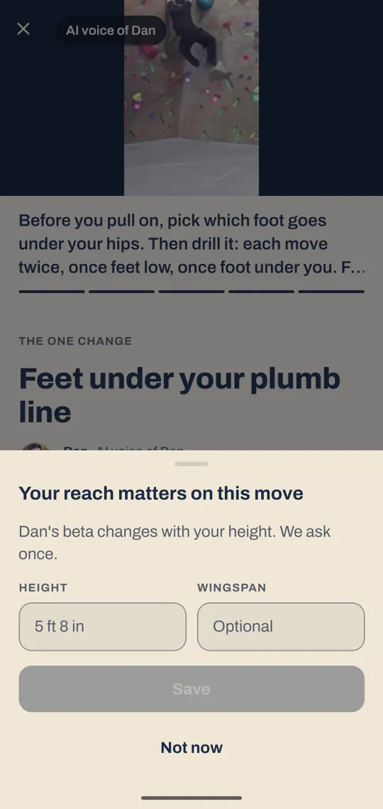 The review: the clip at the top with the label AI voice of Dan, a drill, and the one change, Feet under your plumb line. A sheet asks for your height, once.