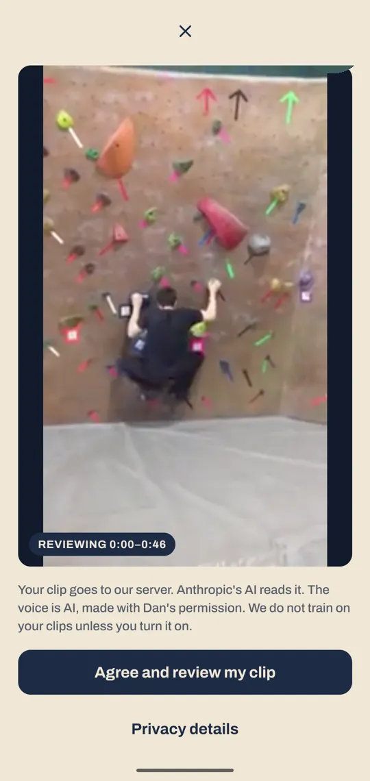 The Your clip screen: a climber on a corner problem, the consent sentence, and the button Agree and review my clip.